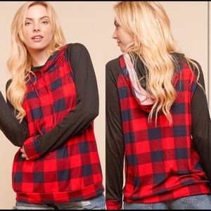 New! Clearance 🔥 Buffalo Plaid Soft Pullover Hoodie Contrast Sleeves
